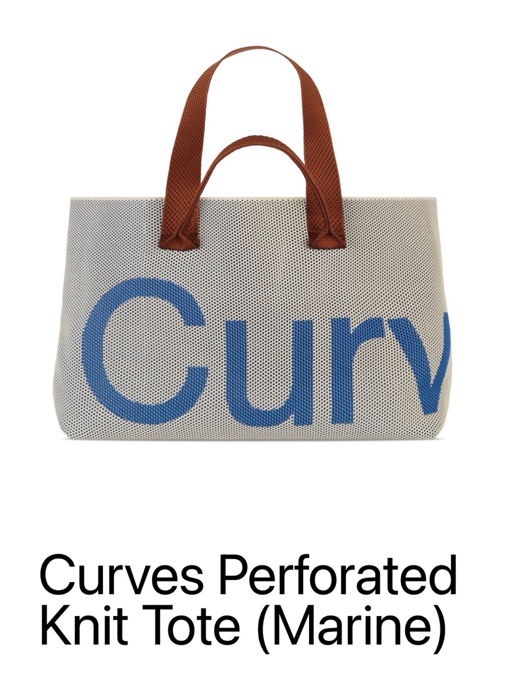 Curves Perforated Knit Tote in Cream with Blue Logo and Brown Handles
